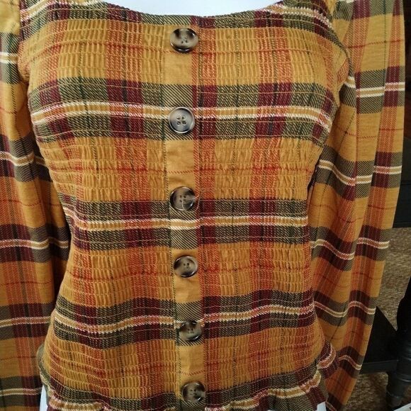 Mustard Plaid Long Sleeve Elasticized Top Small - Picture 2 of 7